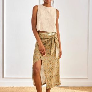 Falda Pareo Estampada Cintura Bordada Kaki